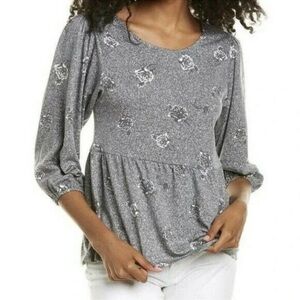 Bobeau Gray Floral 3/4 Sleeve Babydoll Blouse Size Large